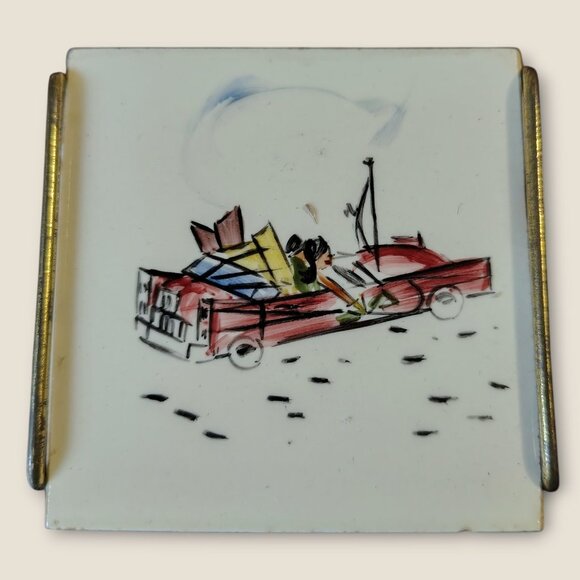 Vintage Miniature Hand Painted Ceramic Coasters Set Of 2 With Vintage Car Desig - Picture 3 of 11